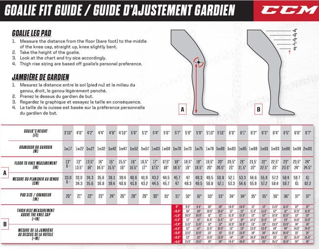 ccm goalie leg pads size chart 2017