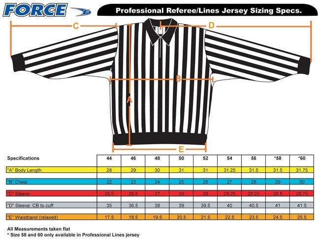 force pro hockey referee jersey size chart 2016